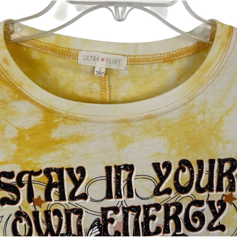 Ultra Flirt Yellow Tie-Dye Graphic Print T-shirt Short Sleeve Womens Size Small - Picture 3 of 8